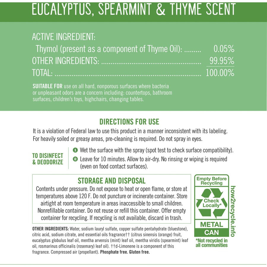 Seventh Generation Disinfectant Cleaner - For Day Care - 13.9 fl oz (0.4 quart) - Eucalyptus Spearmint & Thyme Scent - 8 / Carton - Non-flammable, Rinse-free, Antibacterial, Disinfectant - Clear