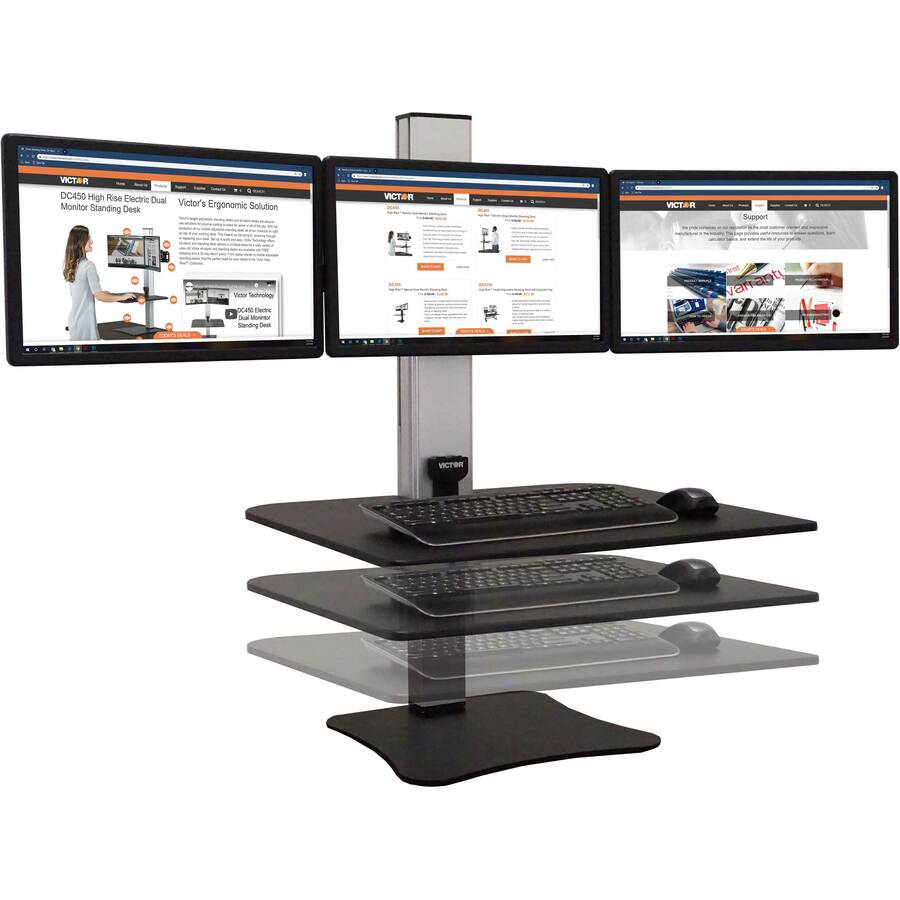 High Rise Electric Triple Monitor Standing Desk Workstation, 28 x 23 x 20, Black/Aluminum, Ships in 1-3 Business Days