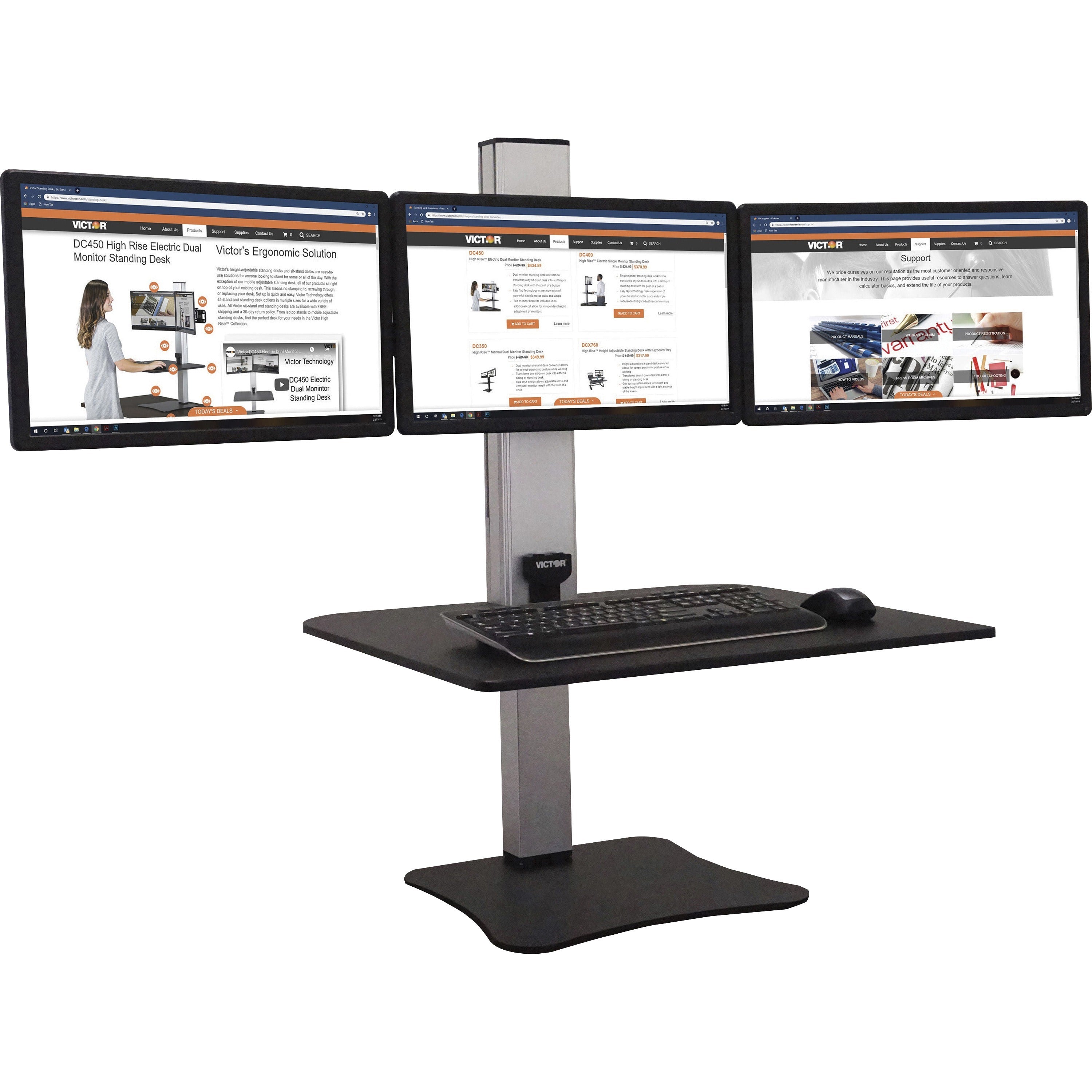 High Rise Electric Triple Monitor Standing Desk Workstation, 28 x 23 x 20, Black/Aluminum, Ships in 1-3 Business Days