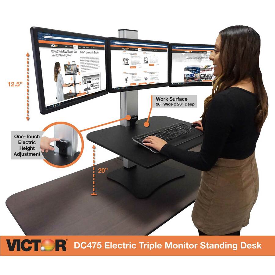High Rise Electric Triple Monitor Standing Desk Workstation, 28 x 23 x 20, Black/Aluminum, Ships in 1-3 Business Days