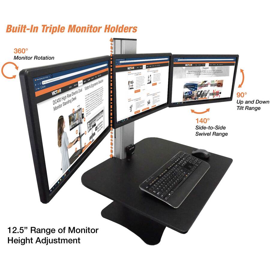 High Rise Electric Triple Monitor Standing Desk Workstation, 28 x 23 x 20, Black/Aluminum, Ships in 1-3 Business Days
