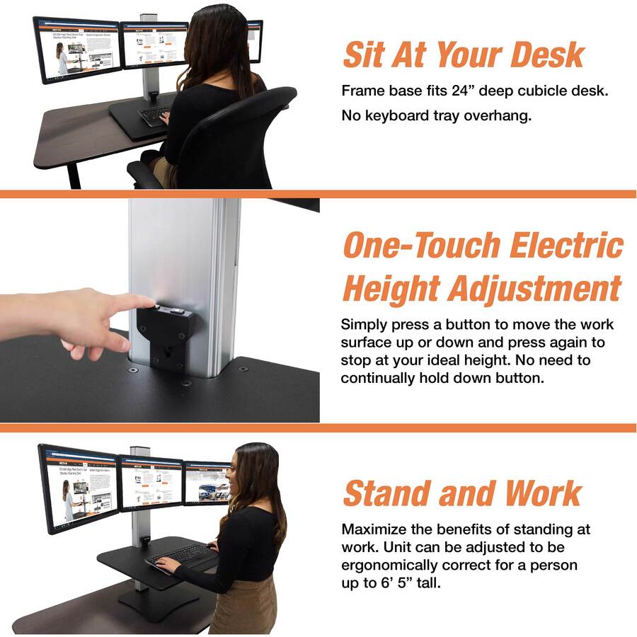 High Rise Electric Triple Monitor Standing Desk Workstation, 28 x 23 x 20, Black/Aluminum, Ships in 1-3 Business Days