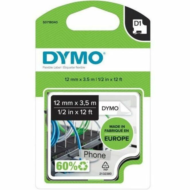 Dymo D1 Flexible Nylontape 12mm - 15/32" Width - Permanent Adhesive - Arched Rectangle - Black, White - Nylon - Self-adhesive, Flexible