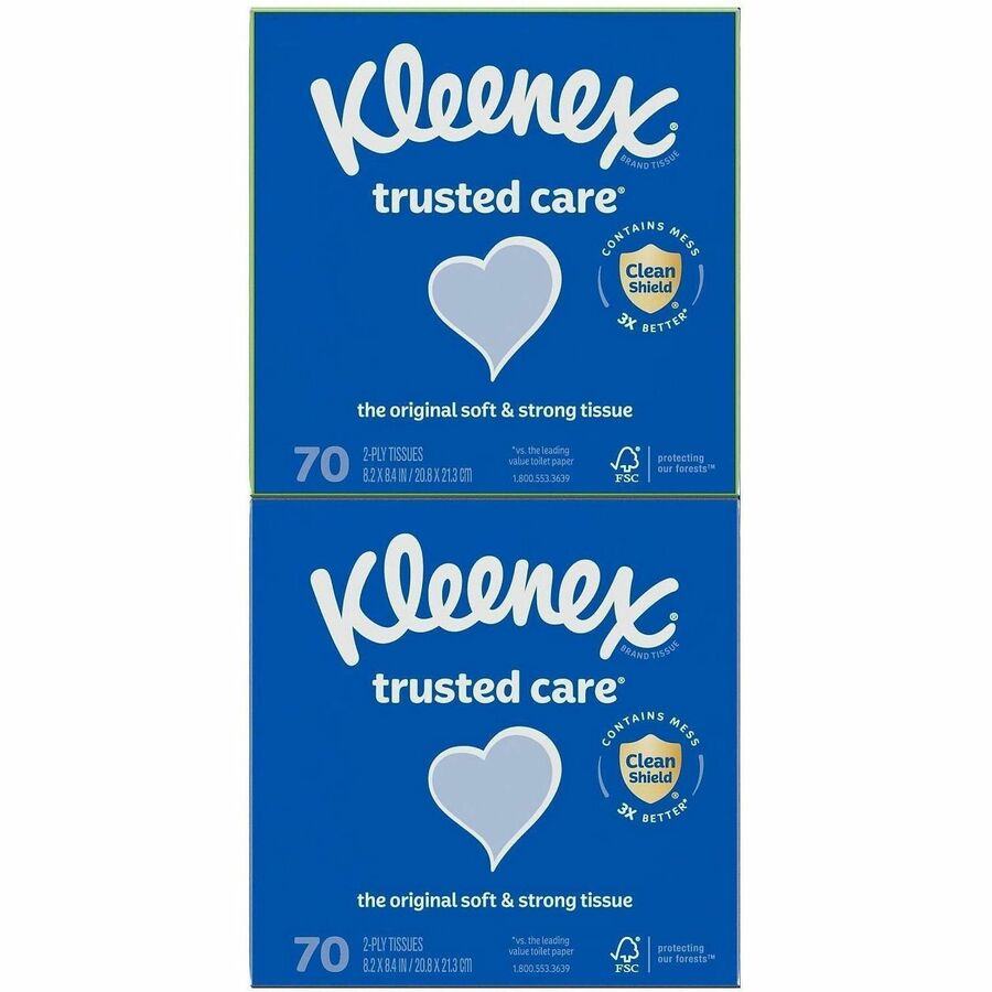 Kleenex Trusted Care Tissues - 2 Ply - 8.20" x 8.40" - White - Soft, Strong, Absorbent, Durable - For Home, Office, School - 70 Per Box - 12 / Carton