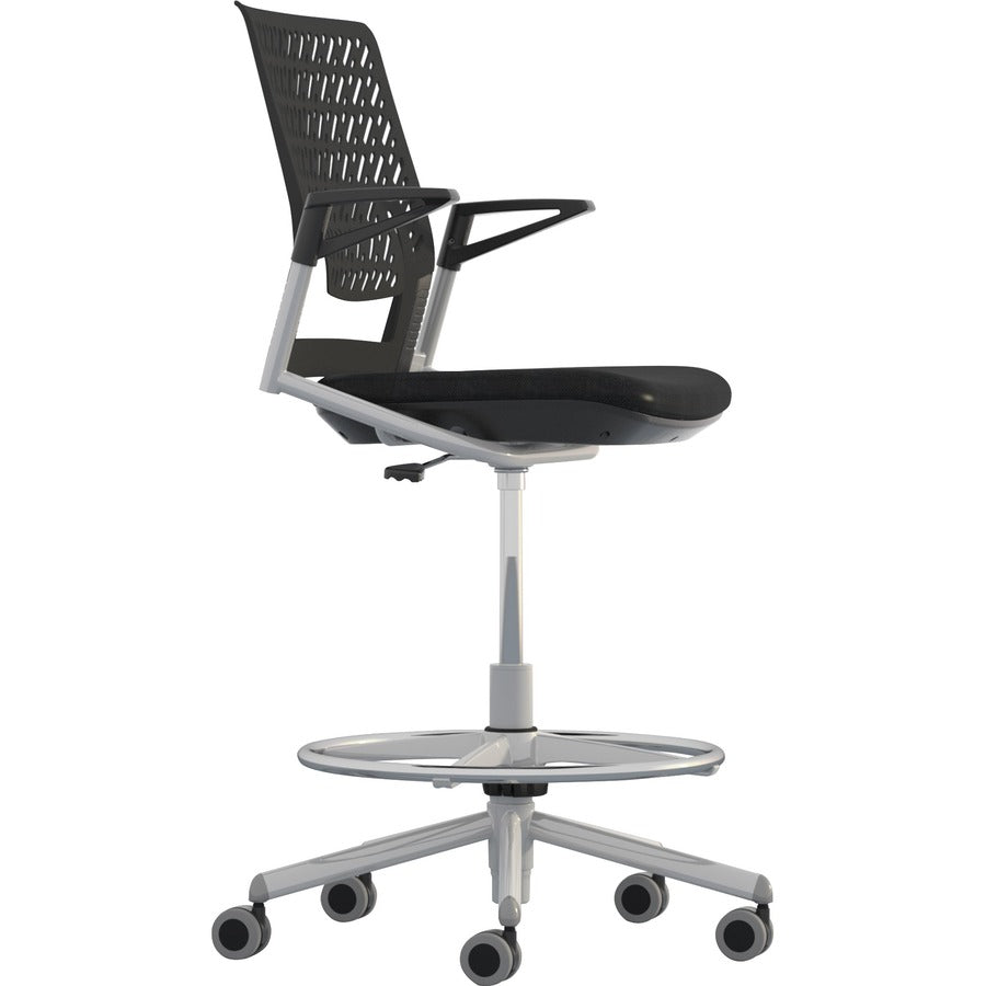 Thesis Flex Back Stool w/Arms, Supports Up to 250 lb, 21.5" to 29.5" Black High Seat, Silver Base, Ships in 1-3 Business Days