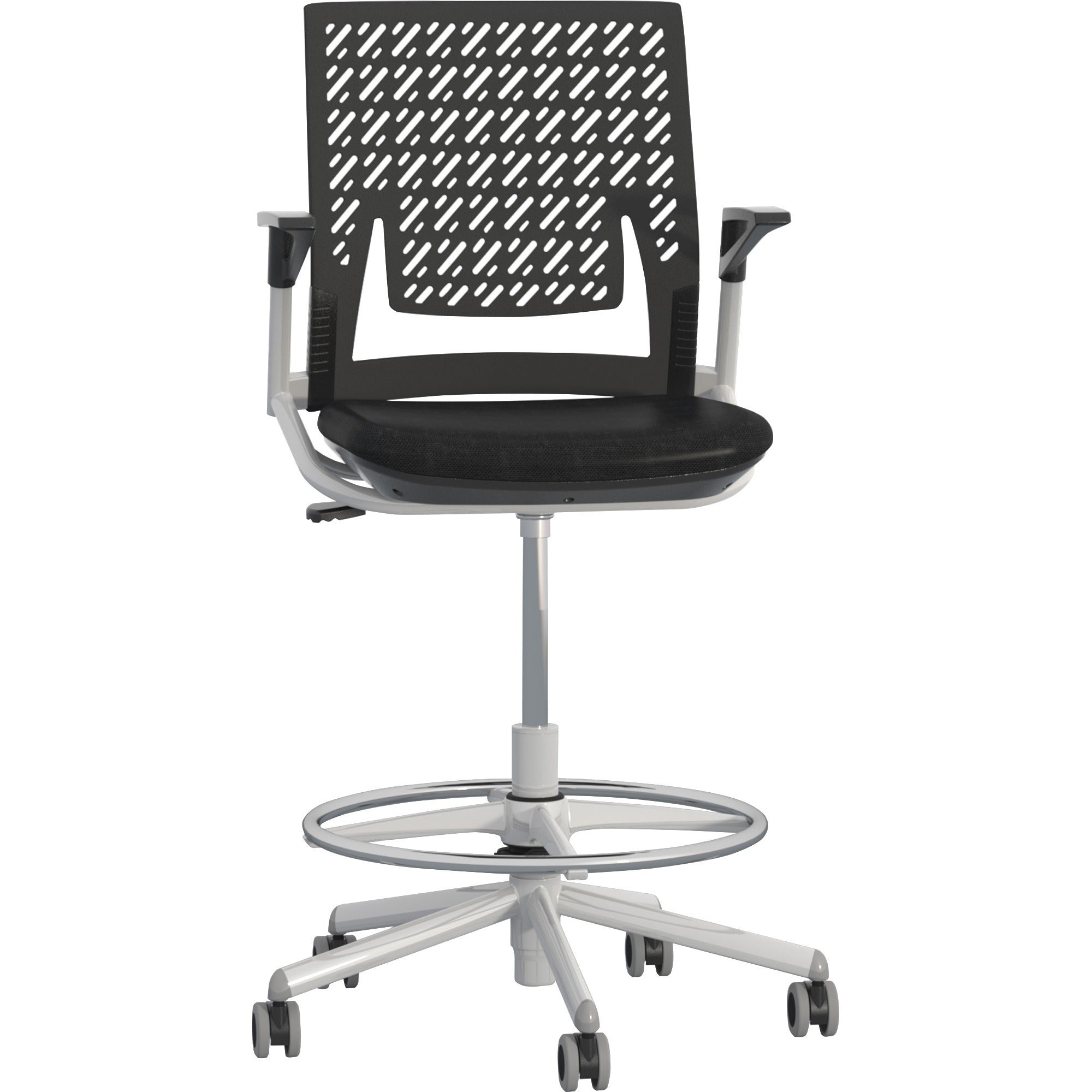 Thesis Flex Back Stool w/Arms, Supports Up to 250 lb, 21.5" to 29.5" Black High Seat, Silver Base, Ships in 1-3 Business Days