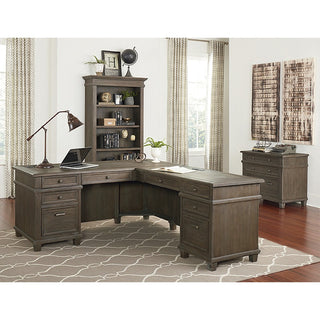 Martin Carson L Desk with Right Return, Pencil, Utility and File Drawers - Utility, Storage, File Drawer(s) - Finish: Weathered Dove