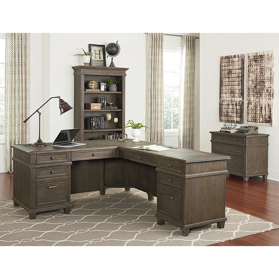 Martin Carson L Desk with Right Return, Pencil, Utility and File Drawers - Utility, Storage, File Drawer(s) - Finish: Weathered Dove