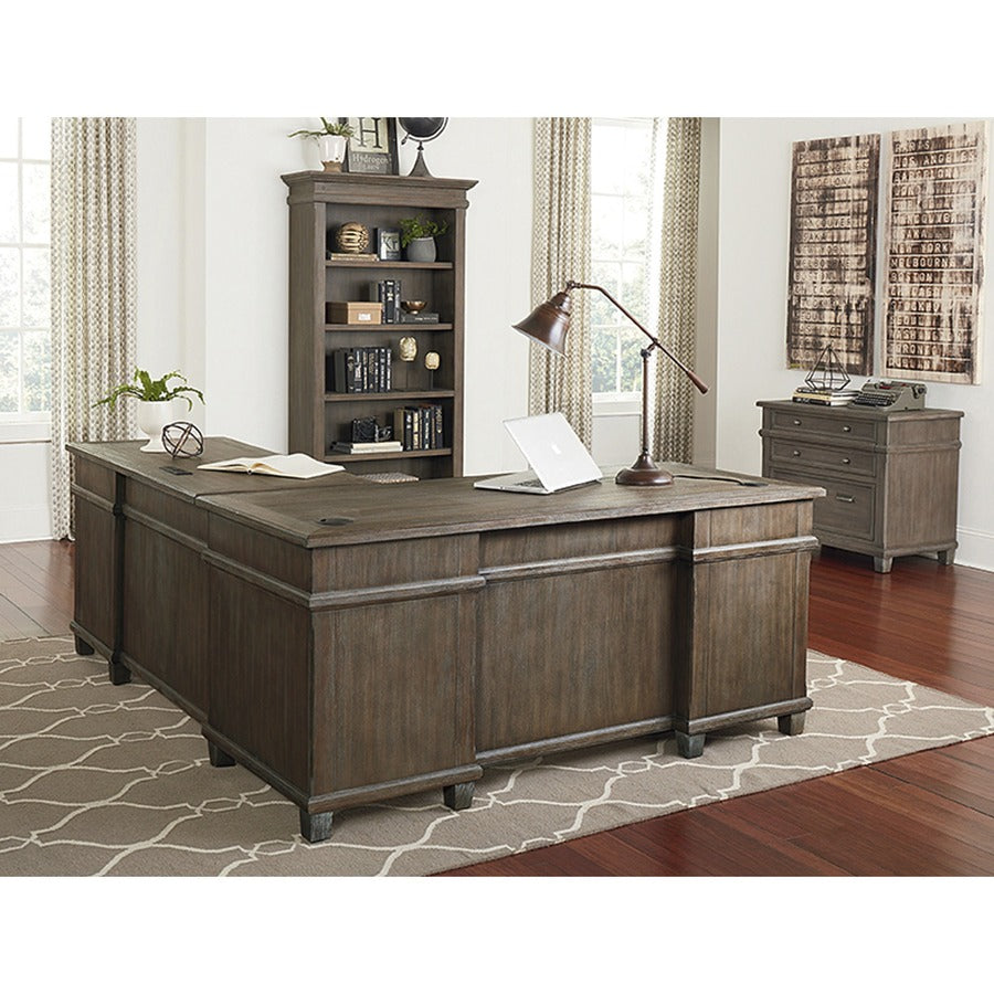 Martin Carson L Desk with Right Return, Pencil, Utility and File Drawers - Utility, Storage, File Drawer(s) - Finish: Weathered Dove