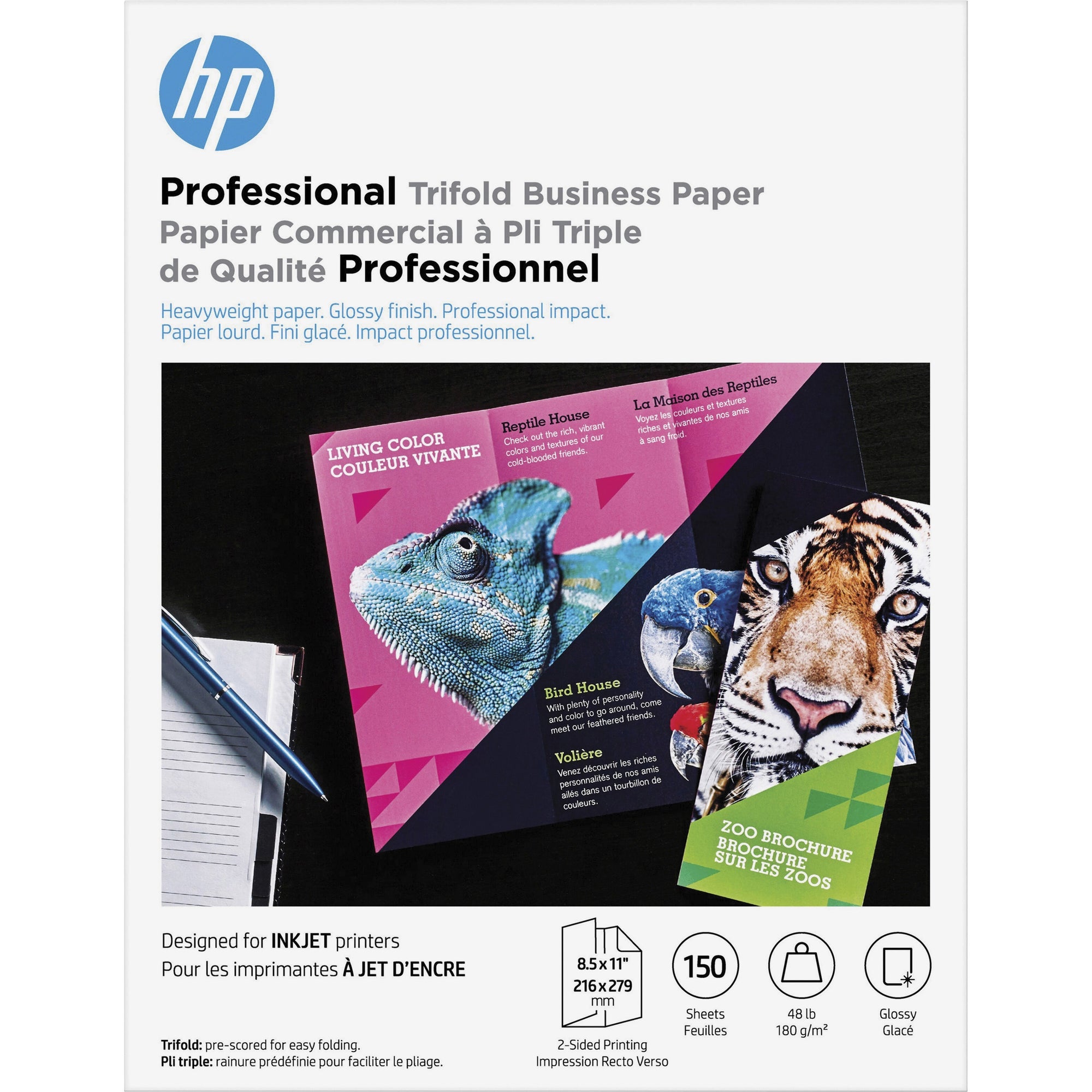 Professional Trifold Business Paper, 48 lb Bond Weight, 8.5 x 11, Glossy White, 150/Pack