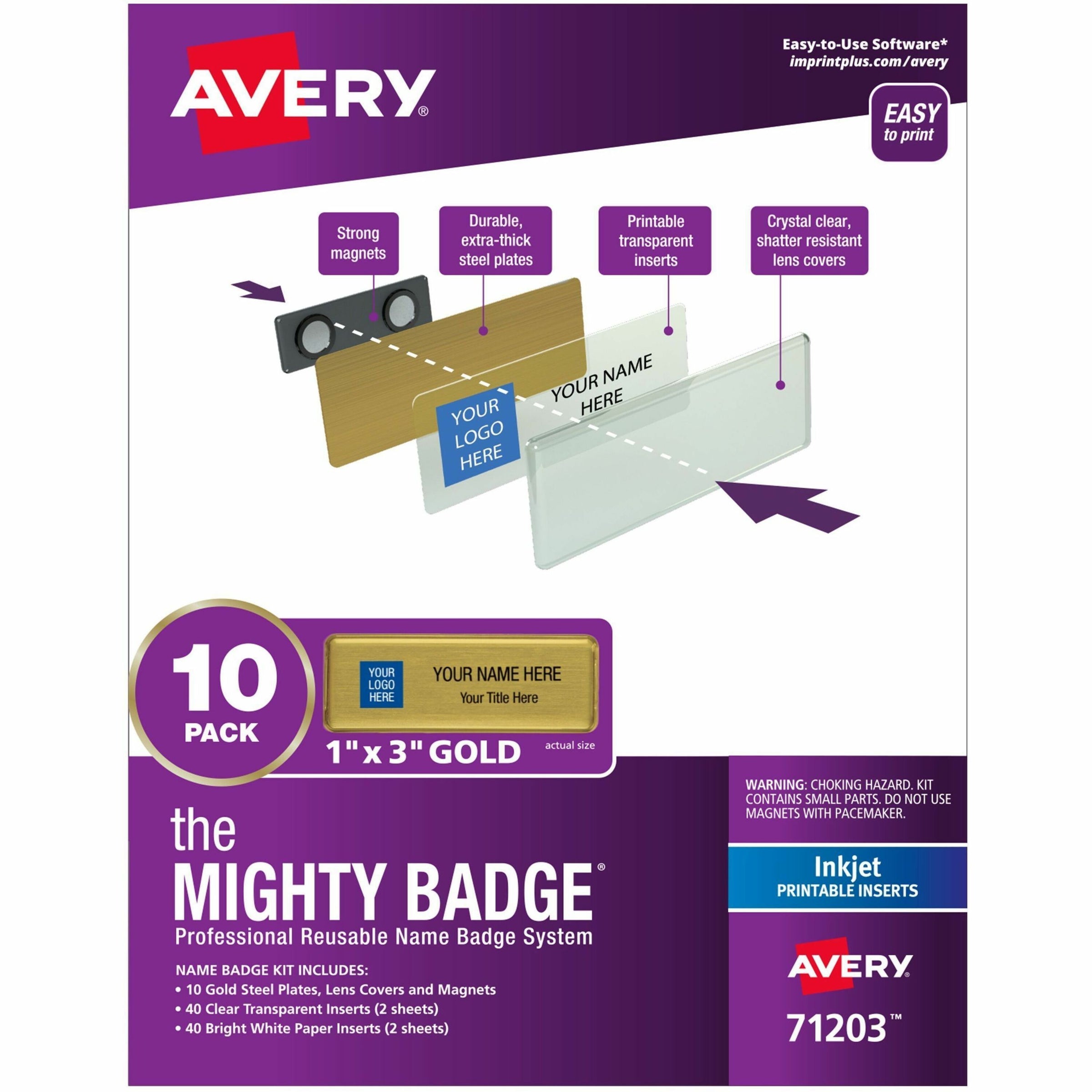 The Mighty Badge Name Badge Holder Kit, Horizontal, 3 x 1, Inkjet, Gold, 10 Holders/ 80 Inserts
