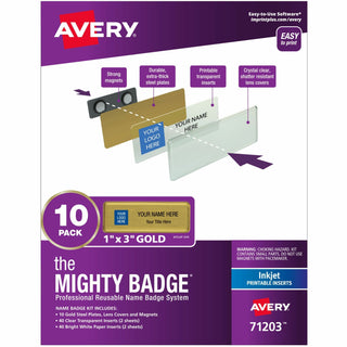 The Mighty Badge Name Badge Holder Kit, Horizontal, 3 x 1, Inkjet, Gold, 10 Holders/ 80 Inserts