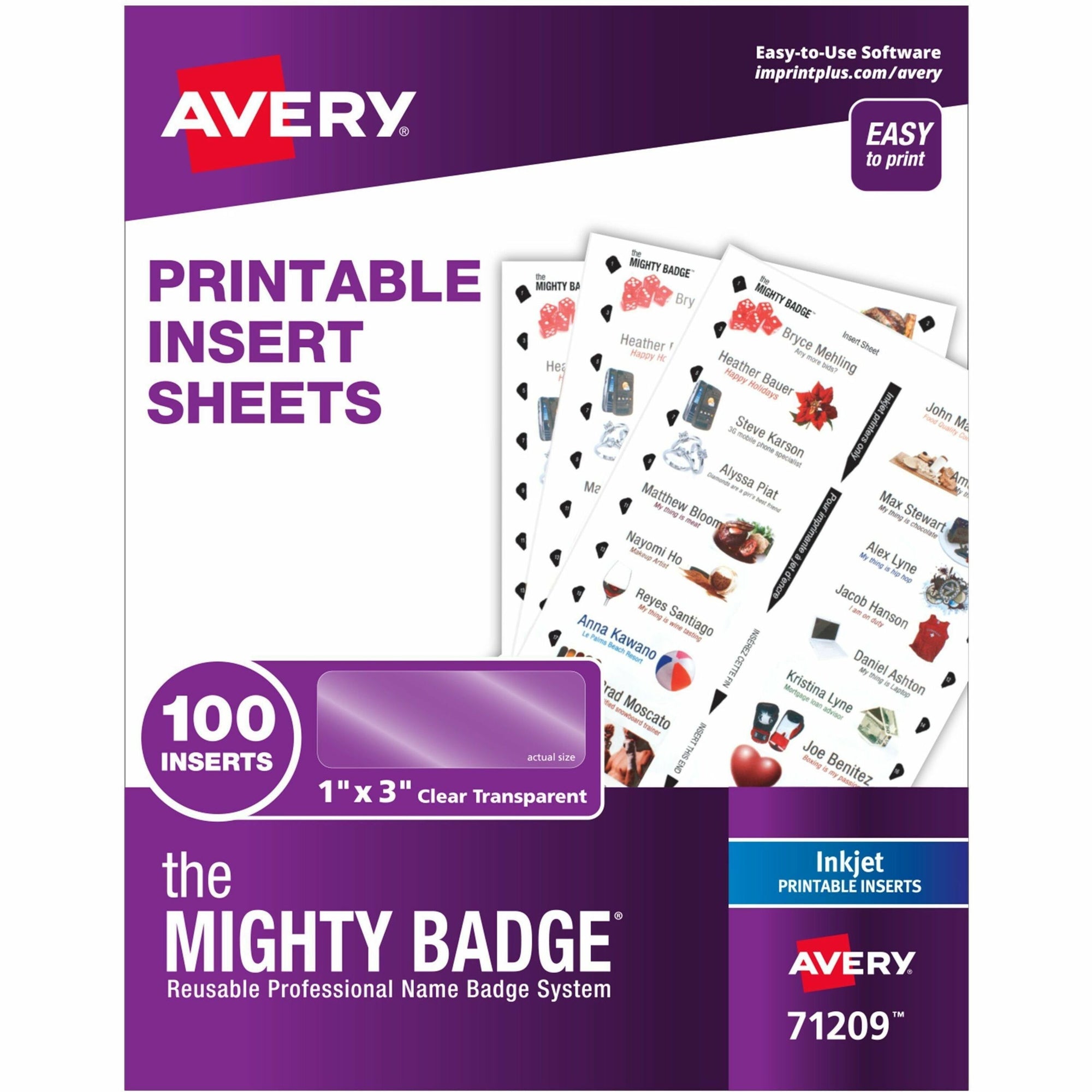 The Mighty Badge The Mighty Badge Printable Insert Sheets, 100 Clear Inserts, Inkjet - 1" x 3" - 100 / Pack - Printable, Non-adhesive, Reusable - Clear