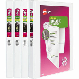 Avery Durable View 3 Ring Binders, 0.5" Slant Rings, 4 White Binders (03362) - Avery Durable View 3 Ring Binders, 0.5" Slant Rings, 4 White Binders