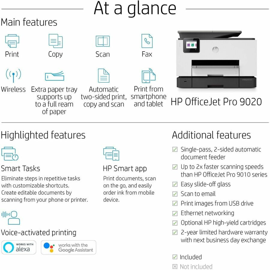 HP Officejet Pro 9020 Wireless Inkjet Multifunction Printer - Color - Copier/Fax/Printer/Scanner - 39 ppm Mono/39 ppm Color Print - 4800 x 1200 dpi Print - Automatic Duplex Print - Up to 30000 Pages Monthly - 500 sheets Input - Color Scanner - 1200 d - 8