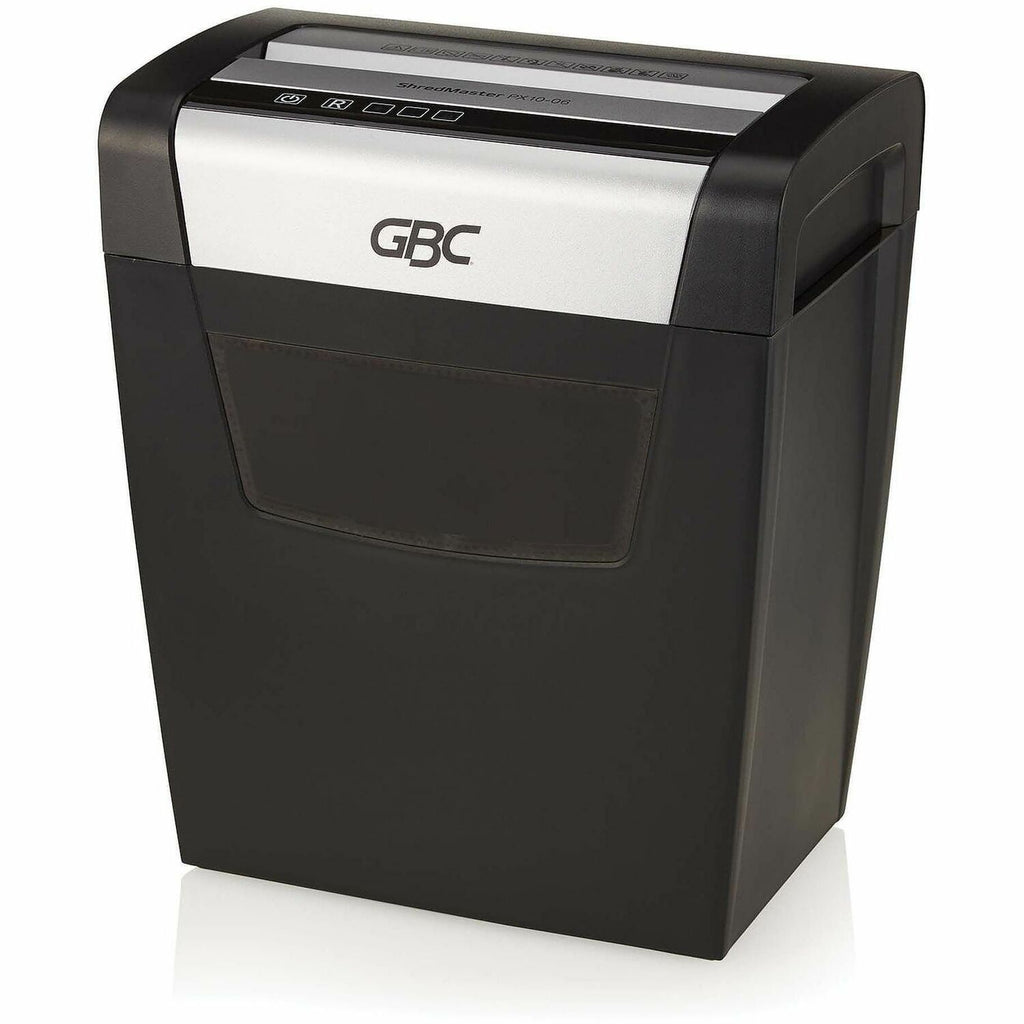 GBC ShredMaster PX10-06 Super Cross-Cut Paper Shredder - Non-continuous Shredder - Super Cross Cut - 10 Per Pass - for shredding Staples, Paper Clip - P-4 - 5.90 ft/min - 9" Throat - 6 Minute Run Time - 6 gal Wastebin Capacity - Black, Chrome