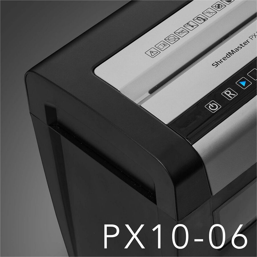 GBC ShredMaster PX10-06 Super Cross-Cut Paper Shredder - Non-continuous Shredder - Super Cross Cut - 10 Per Pass - for shredding Staples, Paper Clip - P-4 - 5.90 ft/min - 9" Throat - 6 Minute Run Time - 6 gal Wastebin Capacity - Black, Chrome
