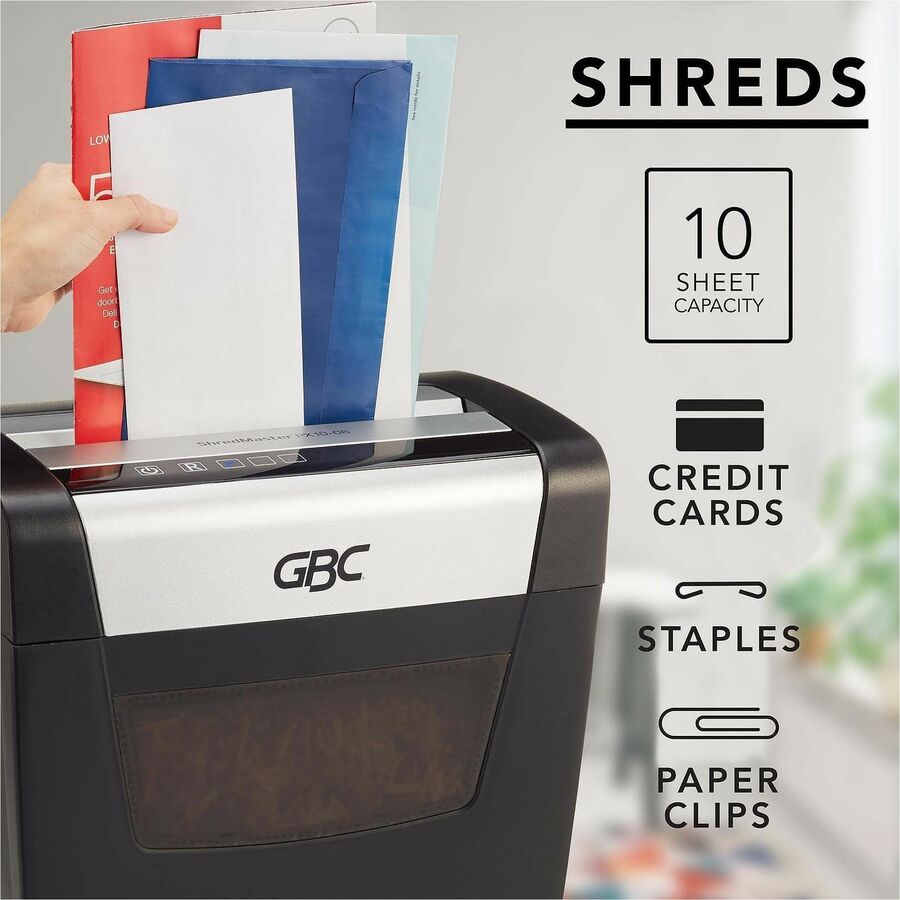 GBC ShredMaster PX10-06 Super Cross-Cut Paper Shredder - Non-continuous Shredder - Super Cross Cut - 10 Per Pass - for shredding Staples, Paper Clip - P-4 - 5.90 ft/min - 9" Throat - 6 Minute Run Time - 6 gal Wastebin Capacity - Black, Chrome