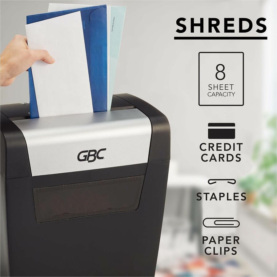 GBC ShredMaster PX08-04 Cross-Cut Paper Shredder - Non-continuous Shredder - Super Cross Cut - 8 Per Pass - for shredding Staples, Paper Clip - P-3 - 5.90 ft/min - 9" Throat - 3 Minute Run Time - 3.96 gal Wastebin Capacity - Black, Chrome