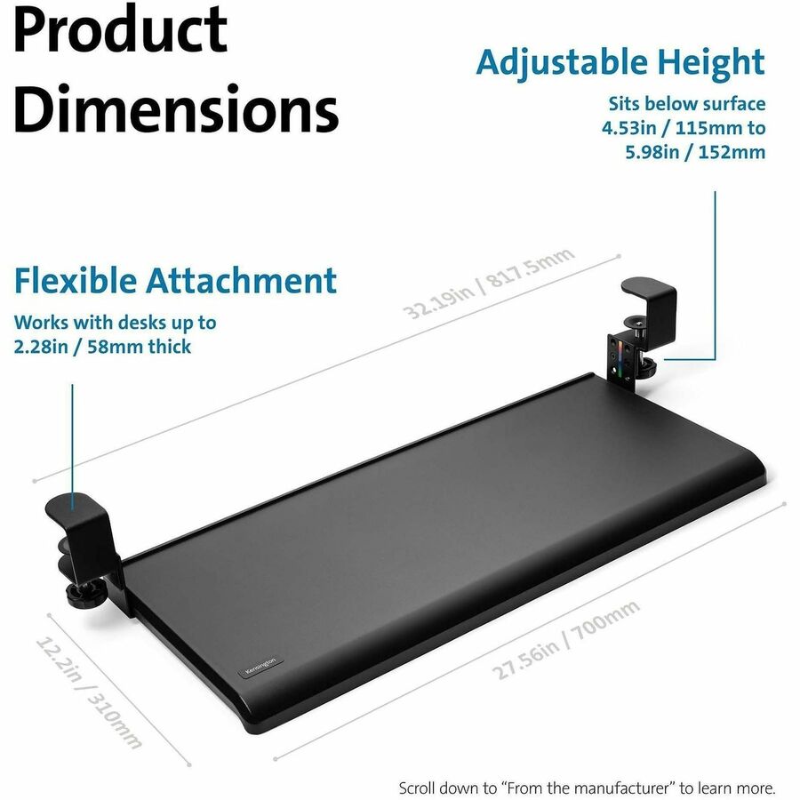 Kensington SmartFit Clamp-On Keyboard Drawer - 13.3" Height x 32.4" Width - Black - 1 - TAA Compliant