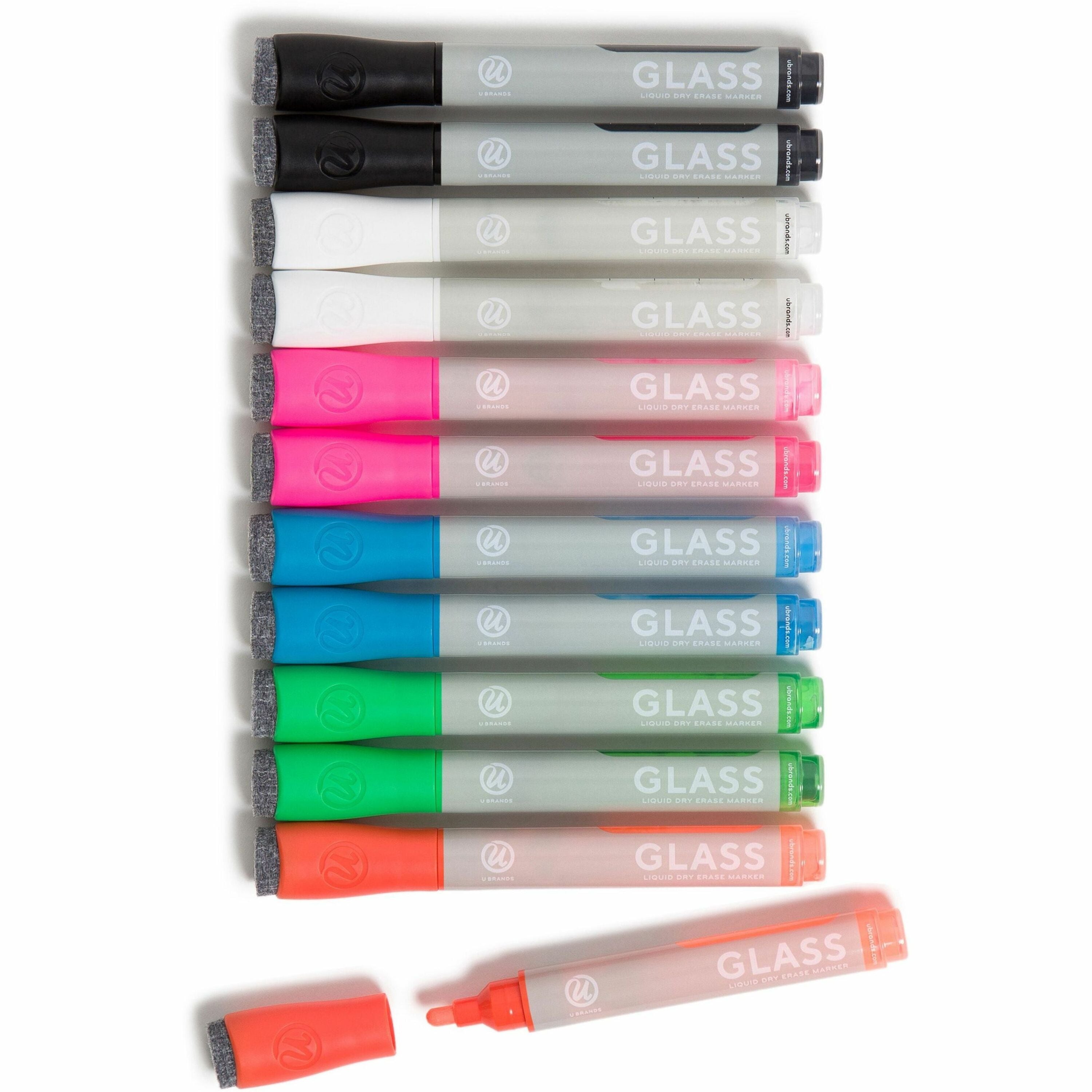 Bullet Tip Low-Odor Liquid Glass Markers with Erasers, Broad Bullet Tip, Assorted Colors, 12/Pack
