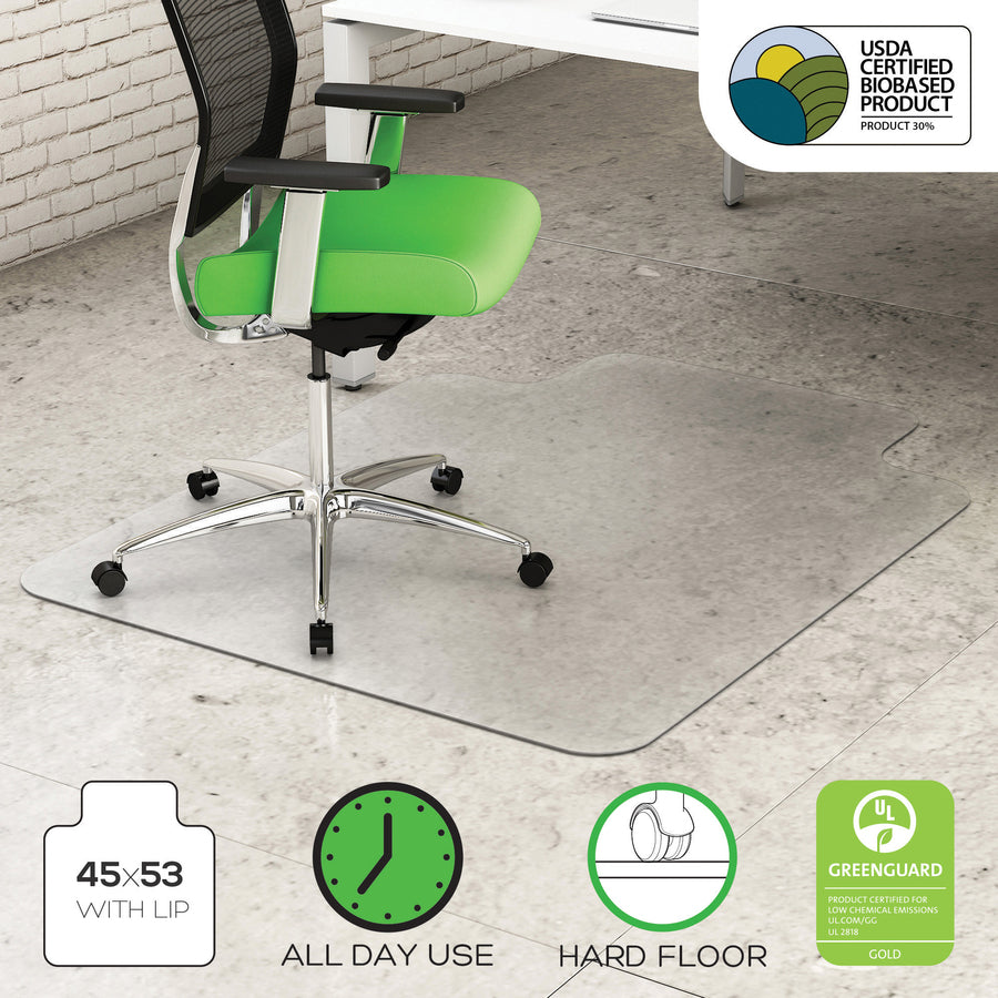 Deflecto Earth Source Hard Floor Chair Mat - Hard Floor - 53" Length x 45" Width x 0.100" Thickness - Lip Size 12" Length x 25" Width - Clear - 1Each