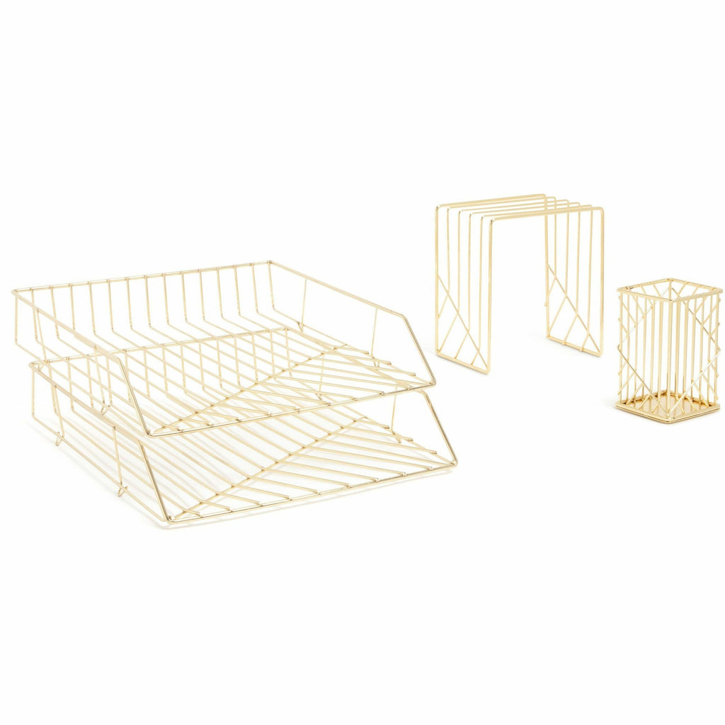 Vena Desktop Organization Kit, 8 Compartments, Letter Sorter, Paper Tray, Pencil Cup, Gold, Metal