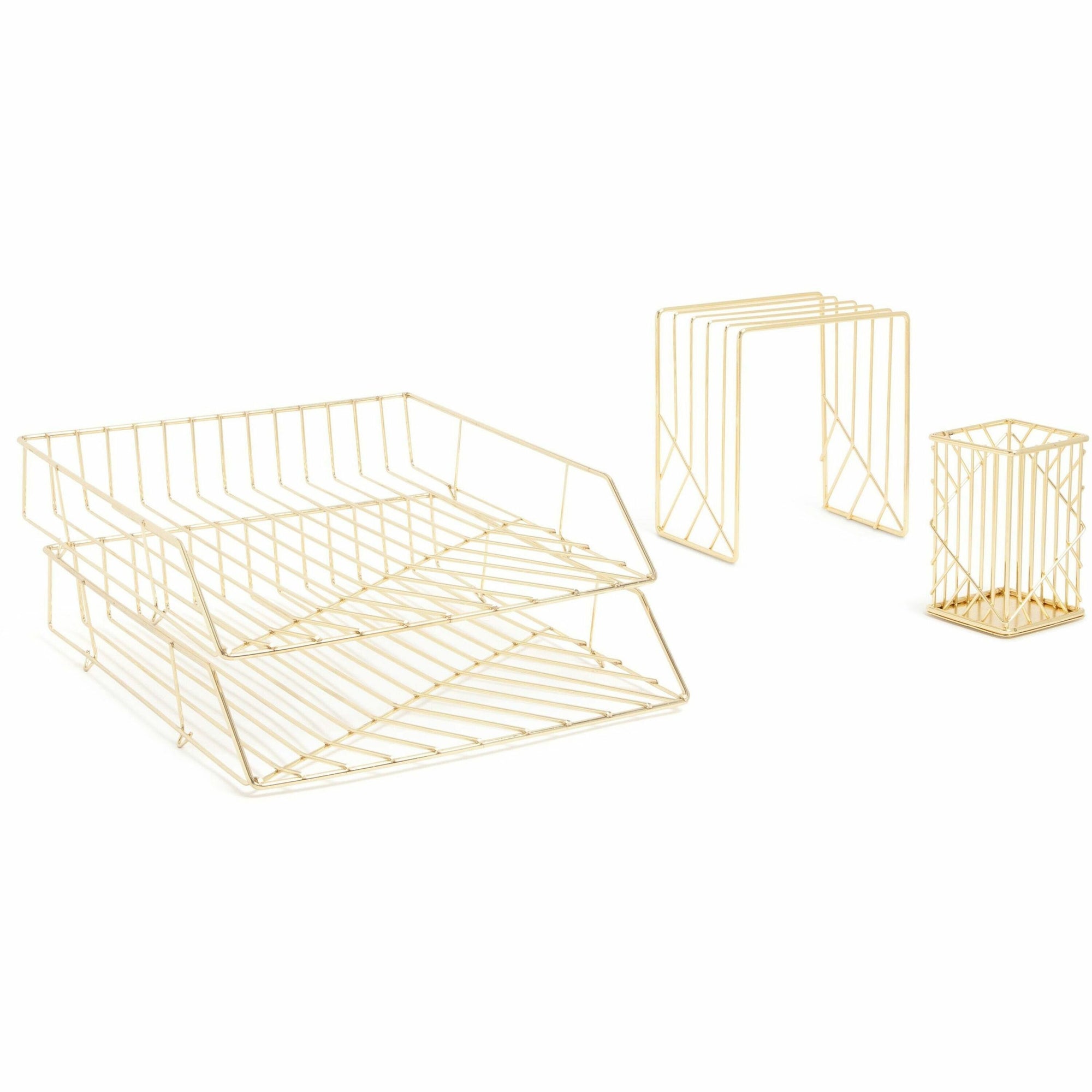 Vena Desktop Organization Kit, 8 Compartments, Letter Sorter, Paper Tray, Pencil Cup, Gold, Metal