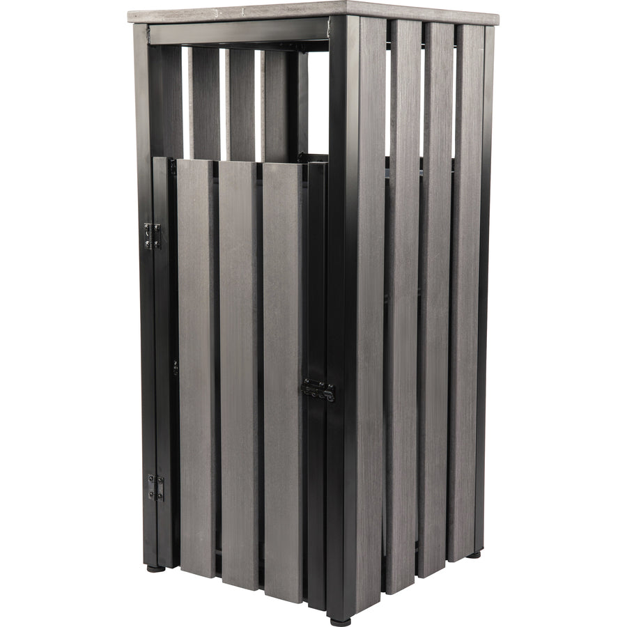 Lorell Faux Wood Outdoor Waste Bin - Rectangular - Weather Resistant - 33.6" Height - Polystyrene - Weathered Charcoal - 1 Each