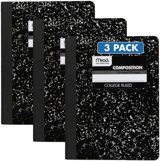 Mead College Ruled Comp Book - 100 Sheets - Sewn - 9 3/4" x 7 1/2" - 9" x 7" x 0.5" - White Paper - Black Marble Cover - Multiplication Table, Conversion Table, Sturdy Cover, Class Schedule - 3 / Pack