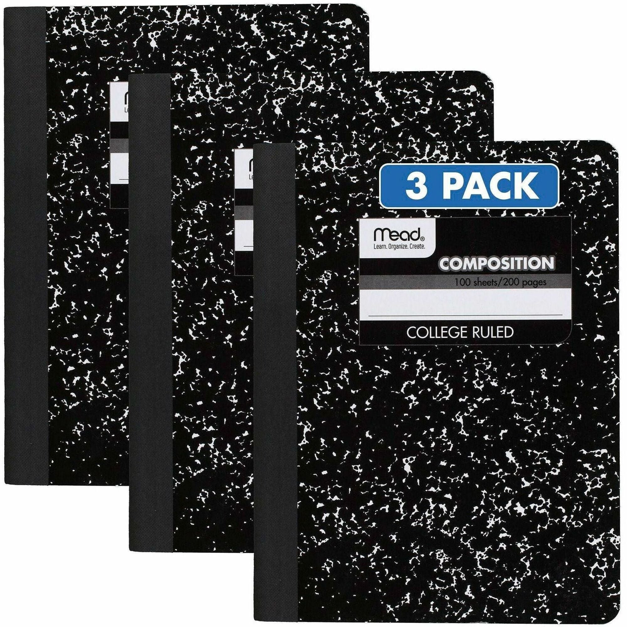 Mead College Ruled Comp Book - 100 Sheets - Sewn - 9 3/4" x 7 1/2" - 9" x 7" x 0.5" - White Paper - Black Marble Cover - Multiplication Table, Conversion Table, Sturdy Cover, Class Schedule - 3 / Pack