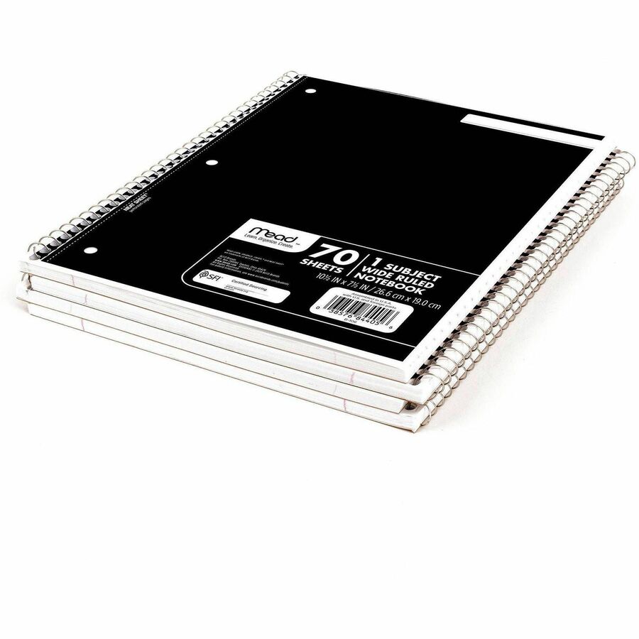 Mead 1 Subject Wide Ruled Spiral Notebook - 70 Sheets - 140 Pages - Spiral Bound - 3 Hole(s) - 10 1/2" x 8" - 10" x 8" x 0.5" - White Paper - Assorted Cover - Durable Cover, Bleed Resistant, Perforated, Spiral Lock, Lightweight - 4 / Pack