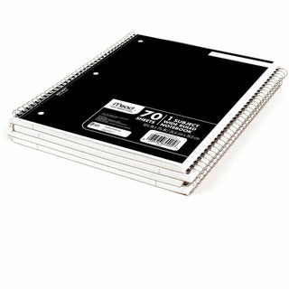 Mead 1 Subject Wide Ruled Spiral Notebook - 70 Sheets - 140 Pages - Spiral Bound - 3 Hole(s) - 10 1/2" x 8" - 10" x 8" x 0.5" - White Paper - Assorted Cover - Durable Cover, Bleed Resistant, Perforated, Spiral Lock, Lightweight - 4 / Pack