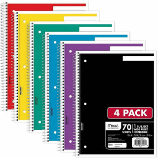 Mead 1 Subject Wide Ruled Spiral Notebook - 70 Sheets - 140 Pages - Spiral Bound - 3 Hole(s) - 10 1/2" x 8" - 10" x 8" x 0.5" - White Paper - Assorted Cover - Durable Cover, Bleed Resistant, Perforated, Spiral Lock, Lightweight - 4 / Pack