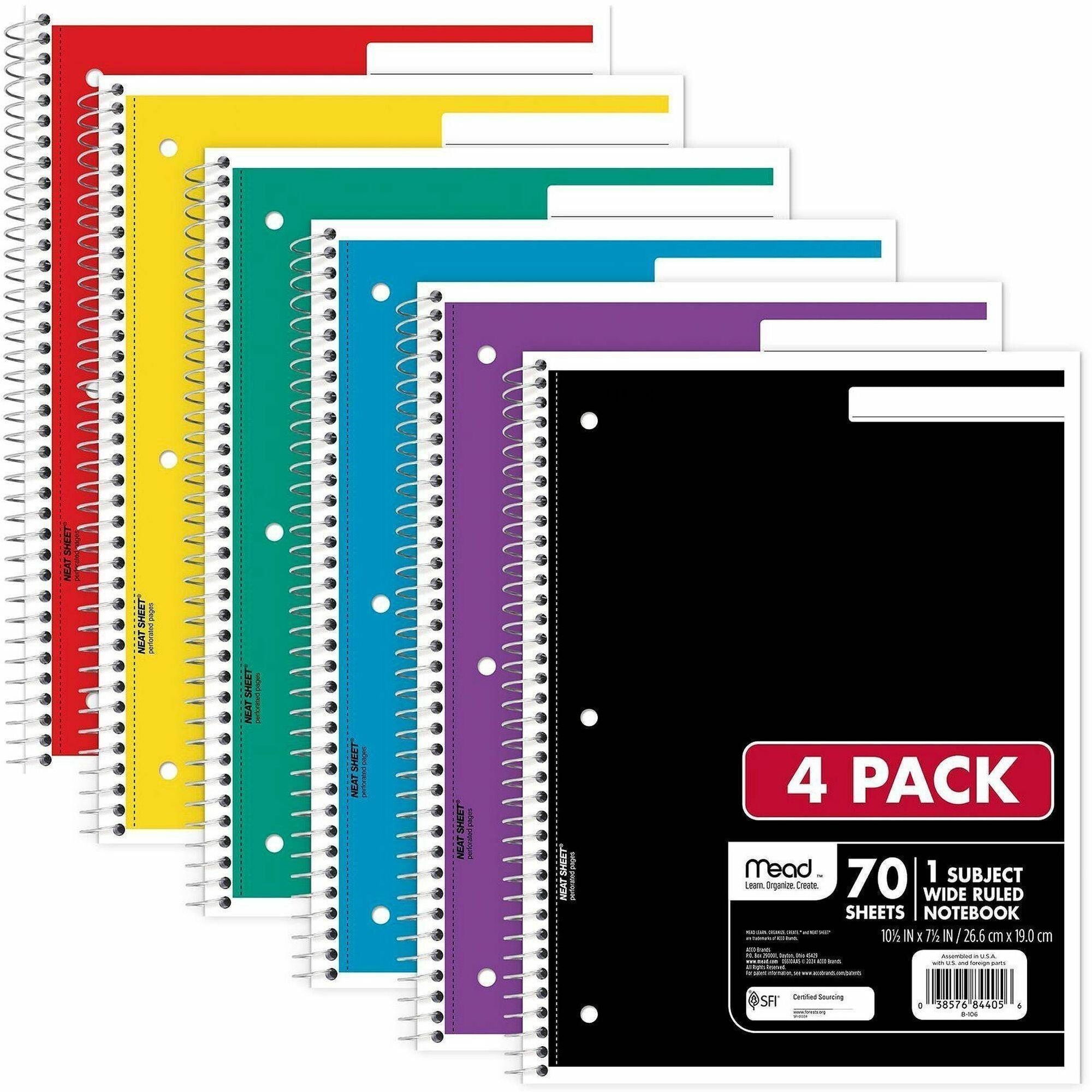 Mead 1 Subject Wide Ruled Spiral Notebook - 70 Sheets - 140 Pages - Spiral Bound - 3 Hole(s) - 10 1/2" x 8" - 10" x 8" x 0.5" - White Paper - Assorted Cover - Durable Cover, Bleed Resistant, Perforated, Spiral Lock, Lightweight - 4 / Pack