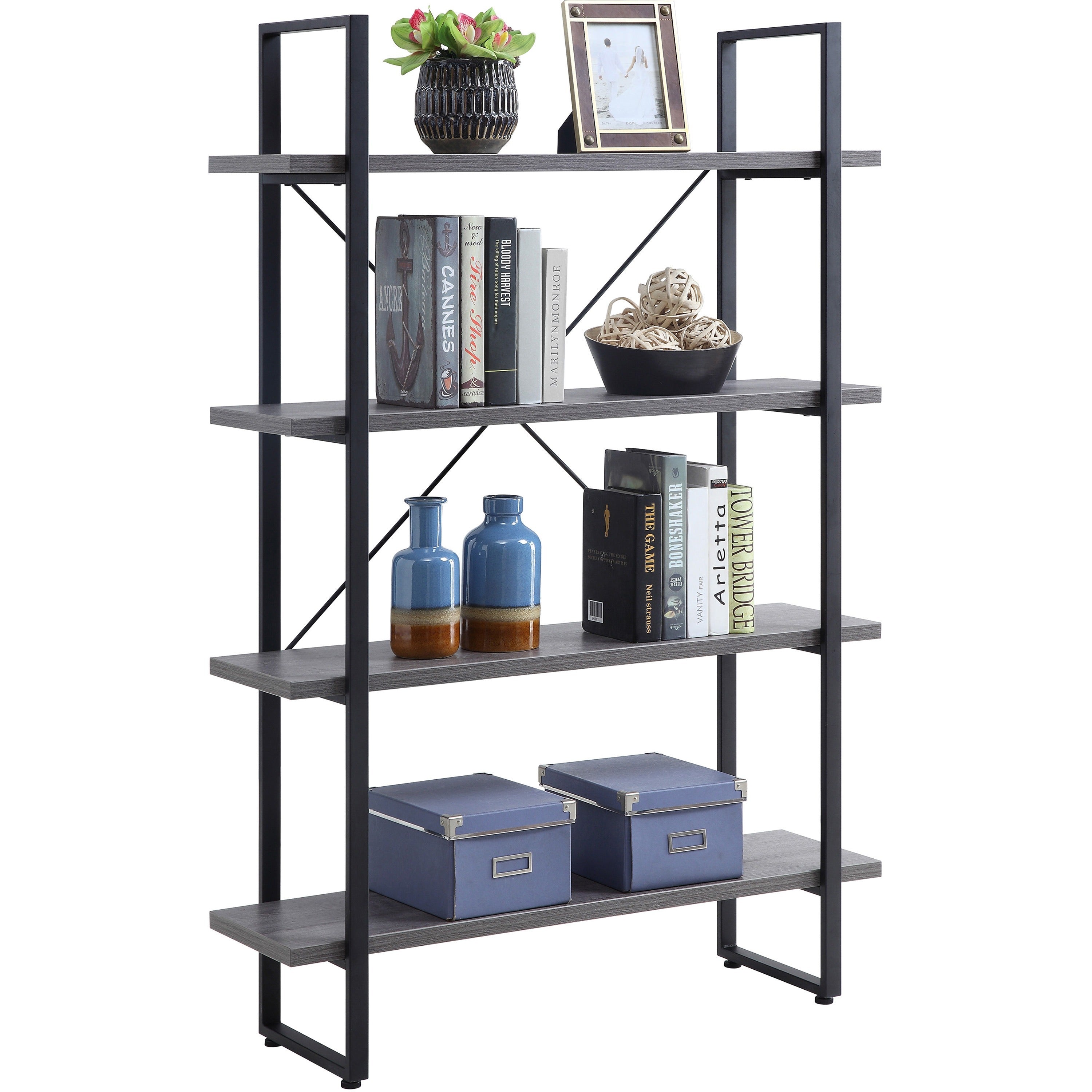 lorell-soho-rustic-metal-frame-bookcase-394-x-118575-4-shelves-band-edge-finish-charcoal-sturdy-durable_llr97620 - 1