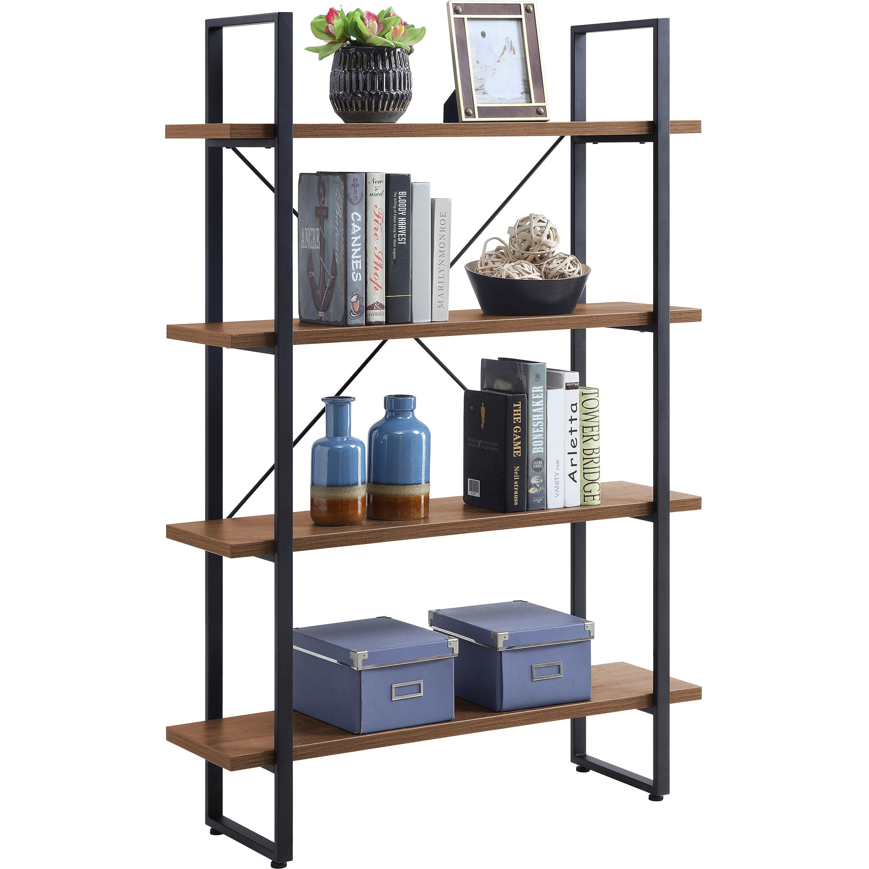 lorell-soho-rustic-metal-frame-bookcase-394-x-118575-4-shelves-band-edge-finish-walnut-sturdy-durable_llr97619 - 1