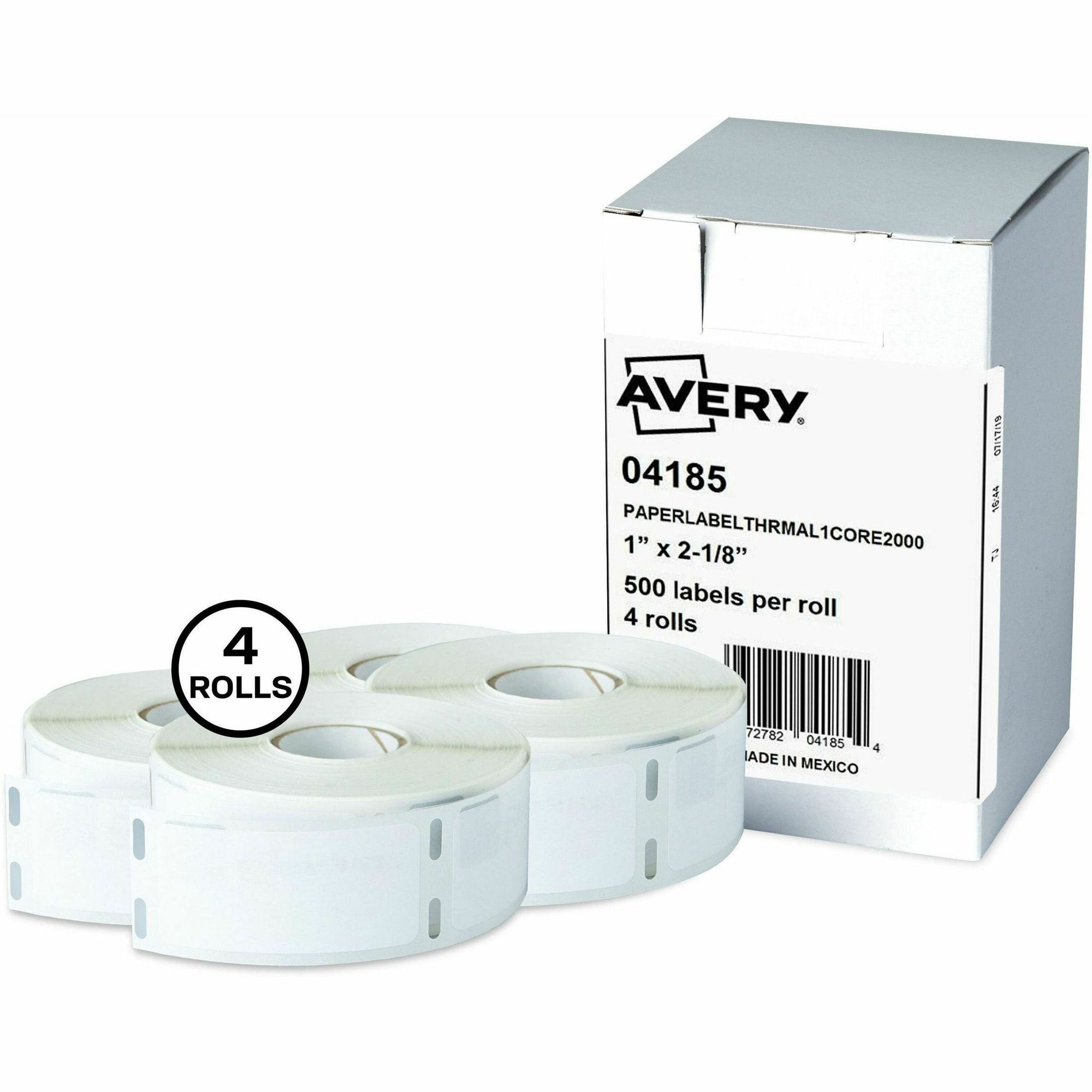 Avery Direct Thermal Roll Labels, 1" x 2-1/8" , White, 500 Address Labels Per Roll, 4 Rolls (4185) - Avery Thermal Roll Labels, 1" x 2-1/8" , 500 Labels/Roll-4 Rolls (4185)