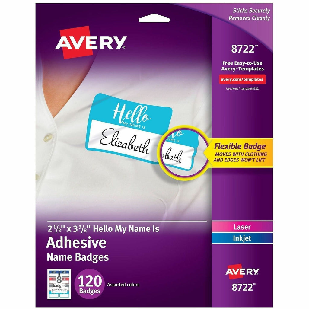 Flexible Adhesive Name Badge Labels, "Hello", 3 3/8 x 2 1/3, Assorted, 120/PK