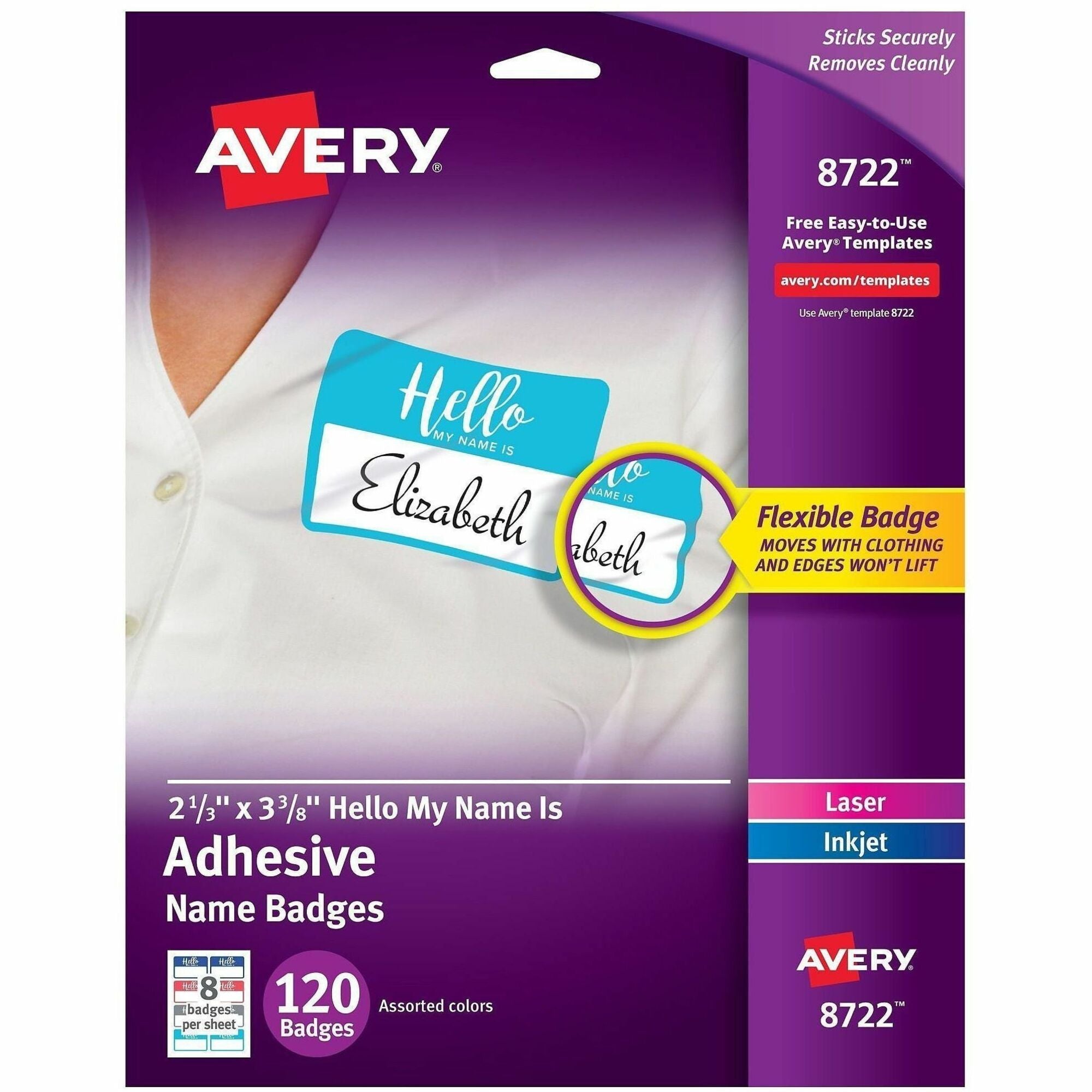 Flexible Adhesive Name Badge Labels, "Hello", 3 3/8 x 2 1/3, Assorted, 120/PK