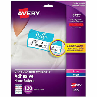 Flexible Adhesive Name Badge Labels, "Hello", 3 3/8 x 2 1/3, Assorted, 120/PK