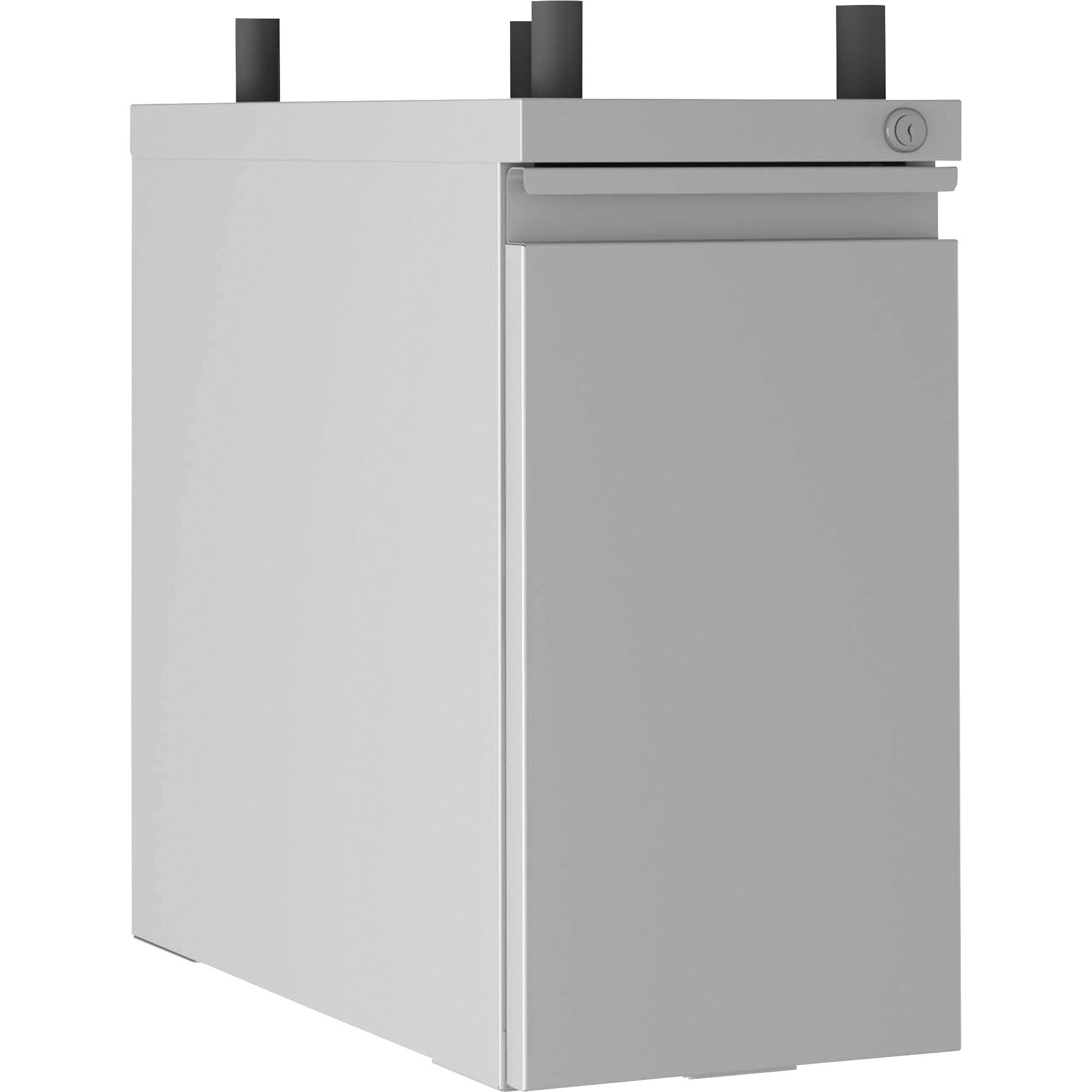 lorell-slim-hanging-tower-file-cabinet-with-concealed-drawer-10-x-20-x-192-letter-legal-vertical-casters-compact-storage-space-hanging-rail-key-lock-silver-powder-coated-metal-recycled_llr00046 - 1