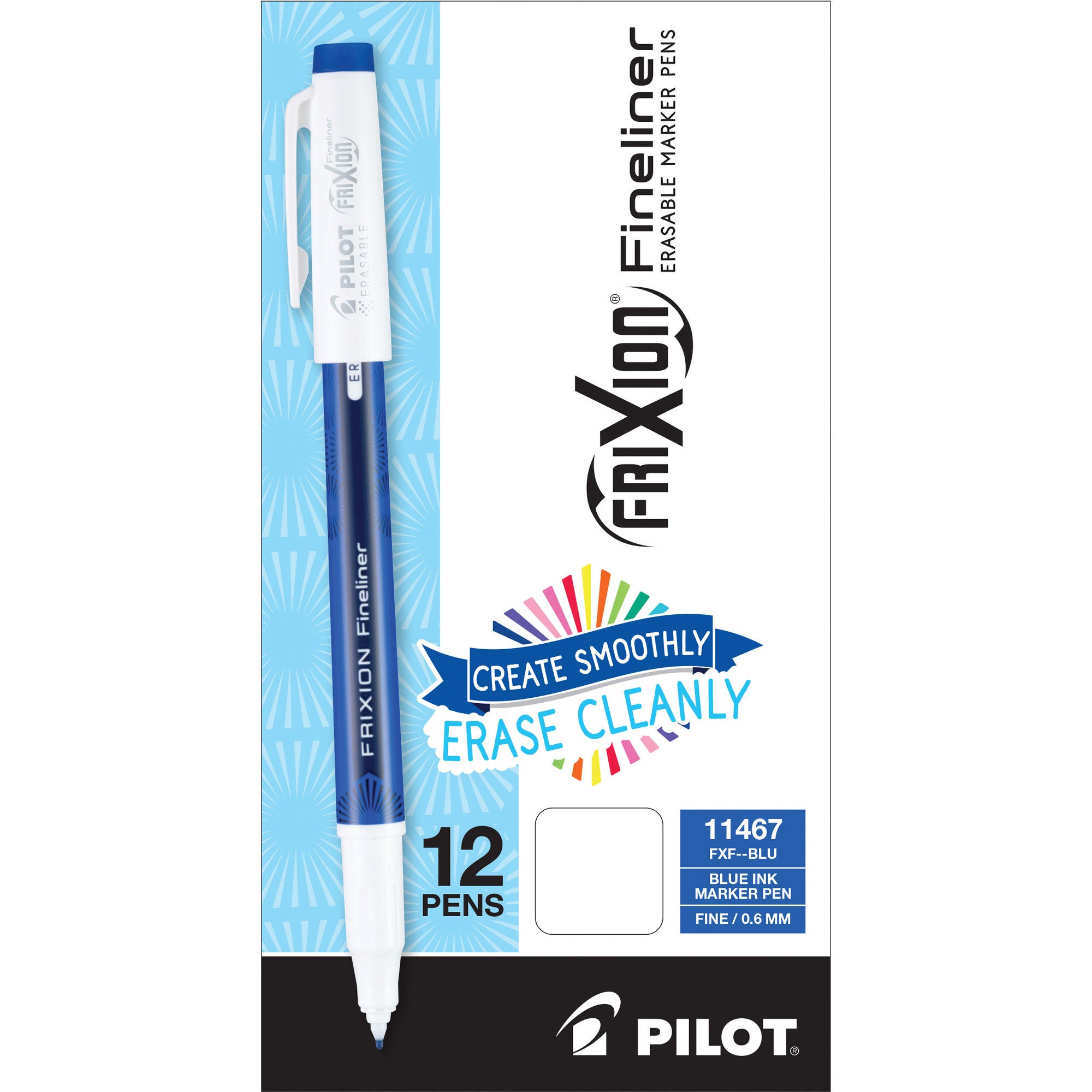 FriXion Fineliner Erasable Porous Point Pen, Stick, Fine 0.6 mm, Blue Ink, Blue/White Barrel, Dozen