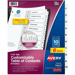 Customizable Table of Contents Ready Index Black and White Dividers, 10-Tab, 1 to 10, 11 x 8.5, White, 6 Sets