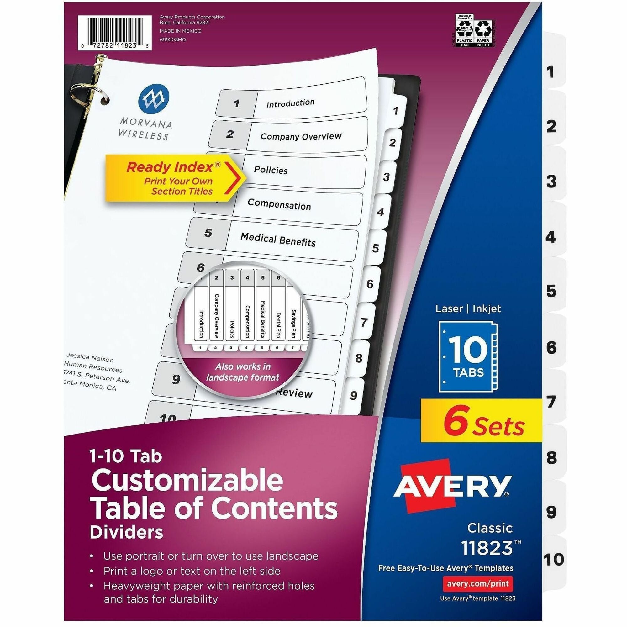 Customizable Table of Contents Ready Index Black and White Dividers, 10-Tab, 1 to 10, 11 x 8.5, White, 6 Sets