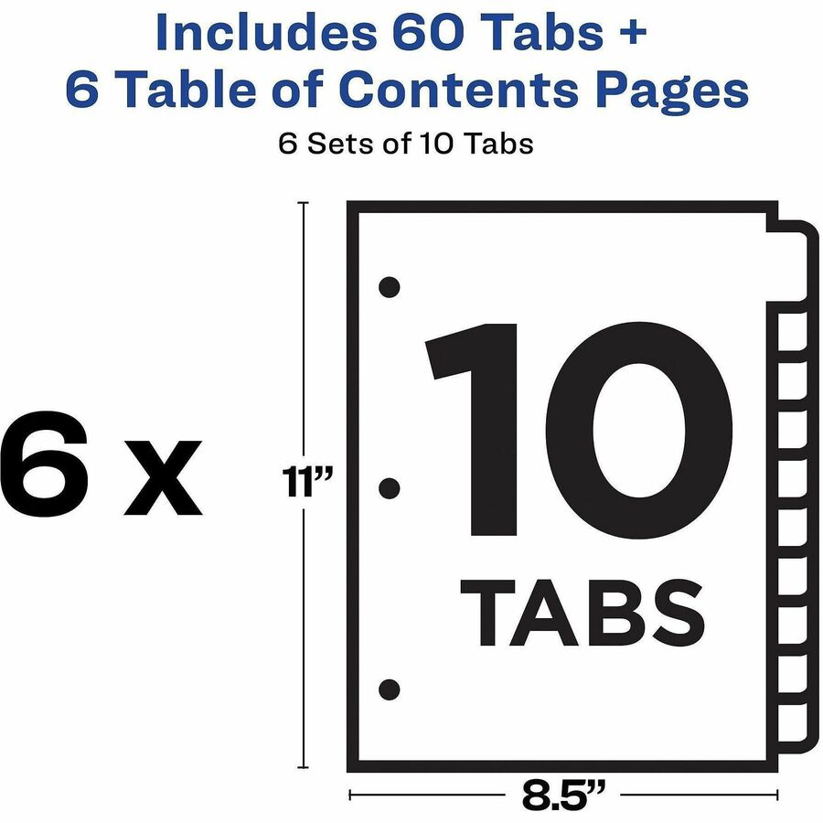 Customizable Table of Contents Ready Index Black and White Dividers, 10-Tab, 1 to 10, 11 x 8.5, White, 6 Sets