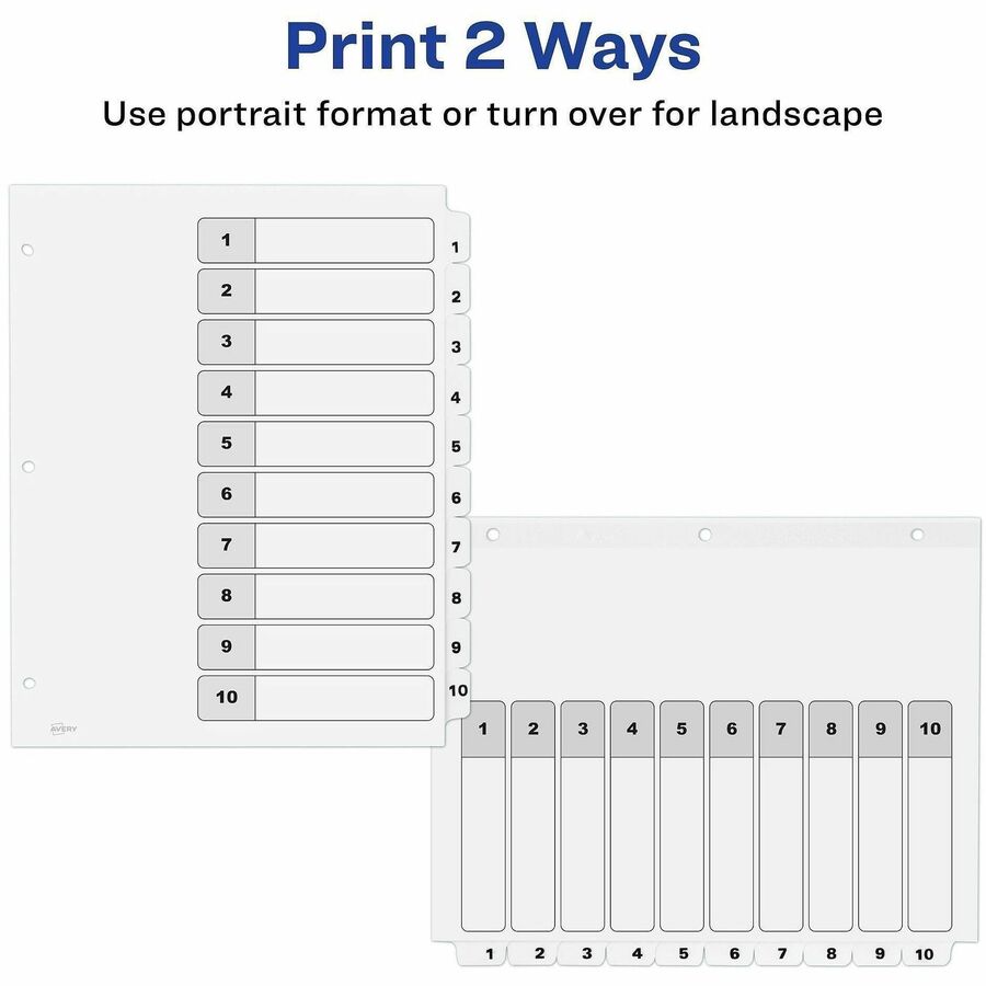 Customizable Table of Contents Ready Index Black and White Dividers, 10-Tab, 1 to 10, 11 x 8.5, White, 6 Sets