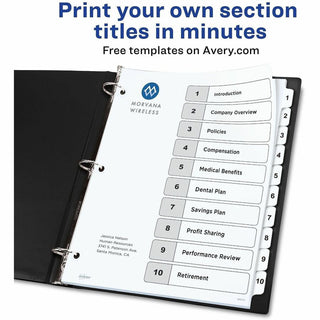 Customizable Table of Contents Ready Index Black and White Dividers, 10-Tab, 1 to 10, 11 x 8.5, White, 6 Sets