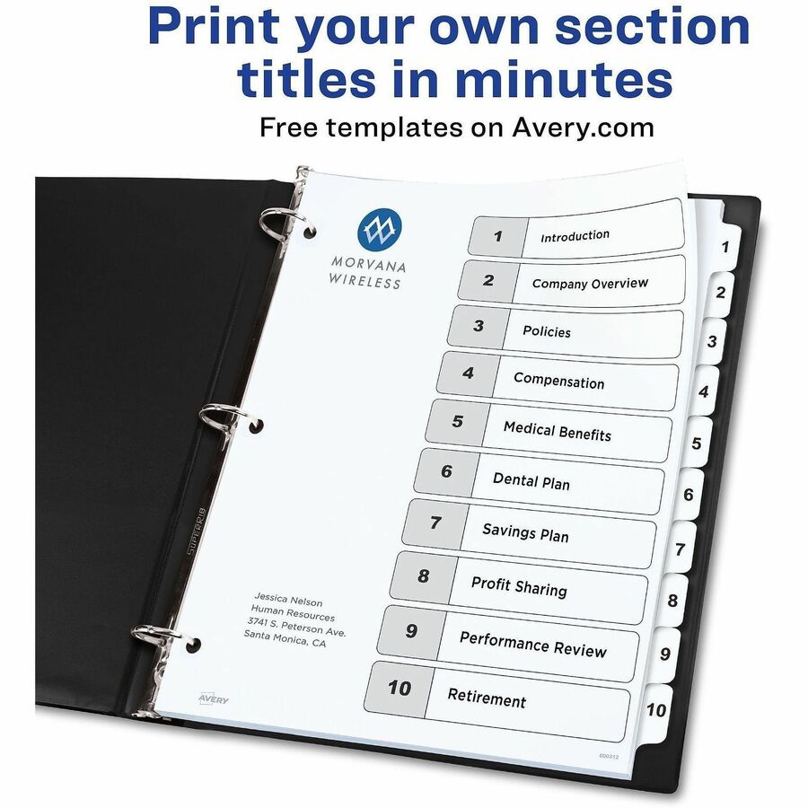 Customizable Table of Contents Ready Index Black and White Dividers, 10-Tab, 1 to 10, 11 x 8.5, White, 6 Sets