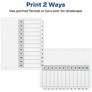 Customizable Table of Contents Ready Index Black and White Dividers, 12-Tab, 1 to 12, 11 x 8.5, White, 6 Sets